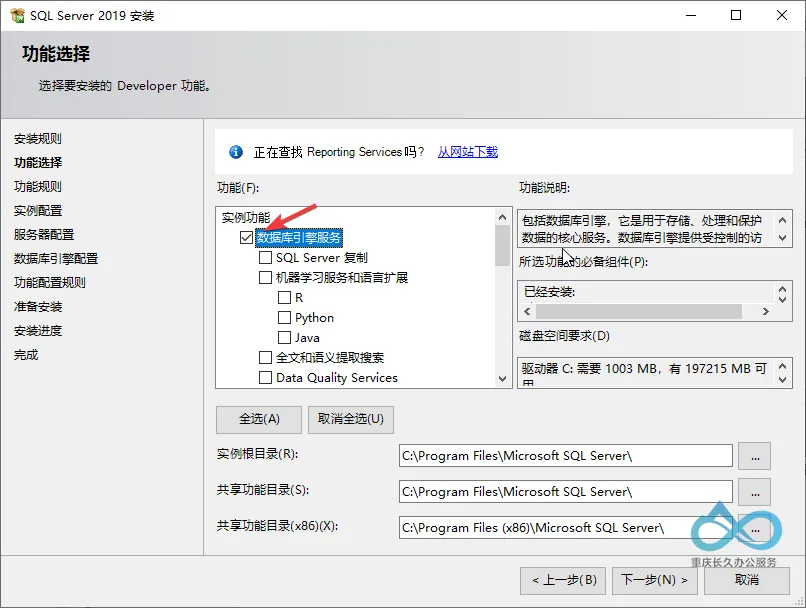 SQL Server 2019功能选择界面：仅勾选“数据库引擎服务”（Configuration Manager运行必需组件）
