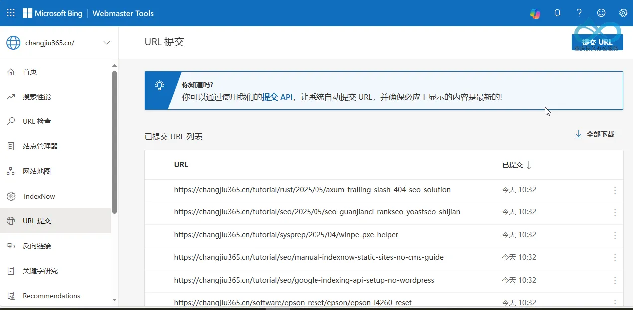在必应网站管理员工具中，验证你提交的 URL 是否出现在提交列表中