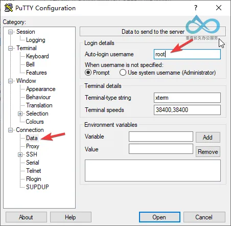 在‘Data’中填入自动登录的'username'（如root）