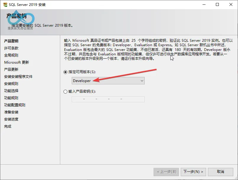 SQL Server 2019产品密钥配置界面：选择“Developer版”（非生产环境适用，免费授权）