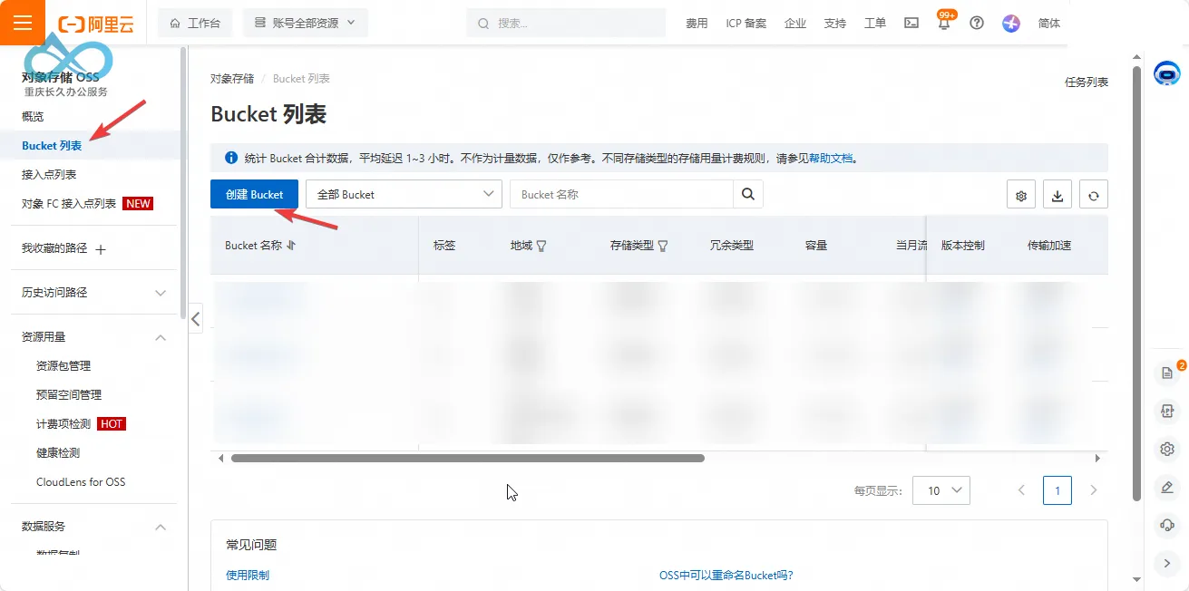 阿里云 OSS 控制台界面：点击创建Bucket