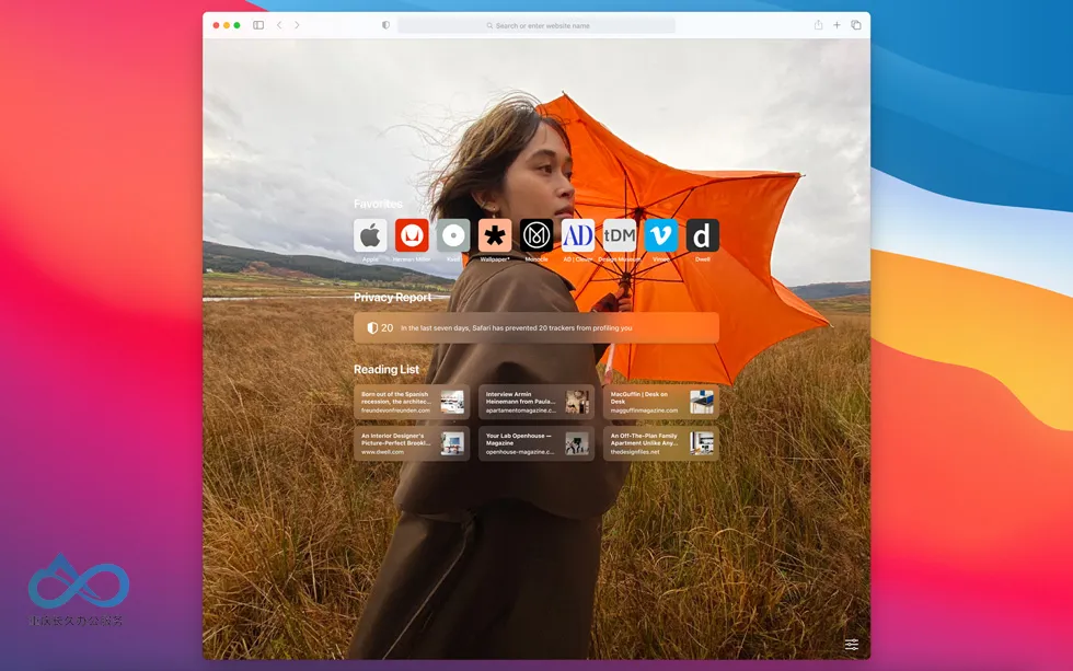 macOS Big Sur 中 Safari 浏览器的可自定义起始页，支持添加背景图片和常用功能模块