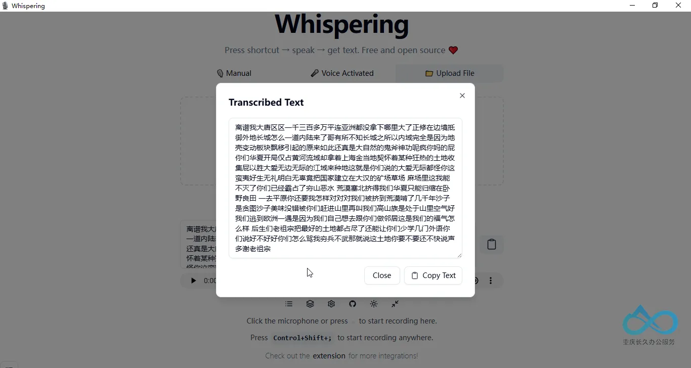 成功转录的文本结果，可以看到准确识别了语音内容